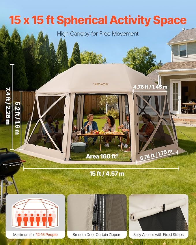 VEVOR Pop up Gazebo Screen Tent, 15 x 15 ft, 13-Sided Spherical Camping Canopy - Image 2