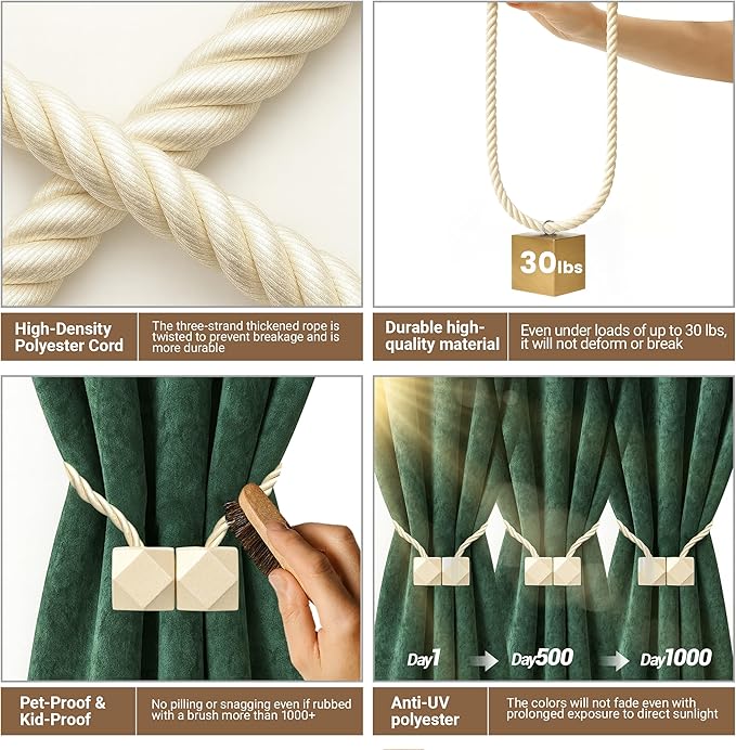 Hion Magnetic Curtain Tiebacks Beige 6 Pack, Curtain Tiebacks Buckles Holdbacks - Image 3