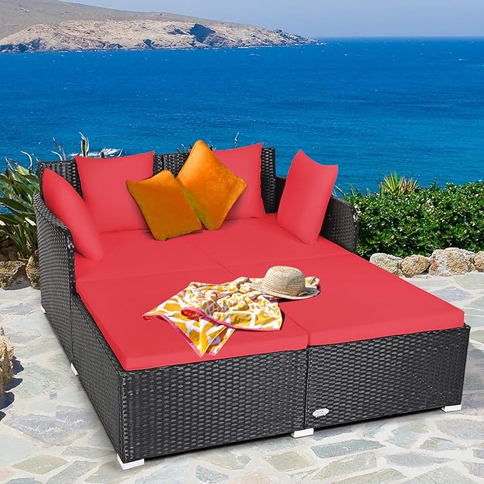 COSTWAY Outdoor Patio Rattan Daybed, Sponge Cushioned Loveseat Sofa - Image 2