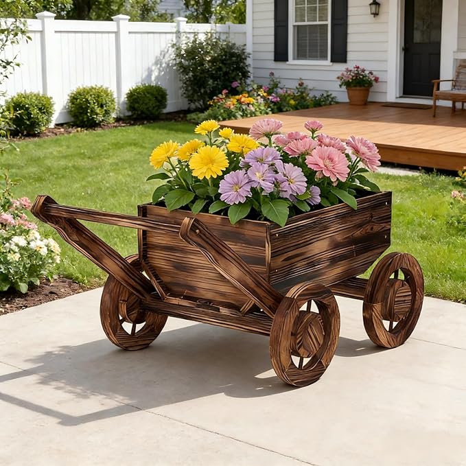 Wooden Flower Cart with Wheels Wooden Wagon Planter Outdoor Garden Planter - Image 7