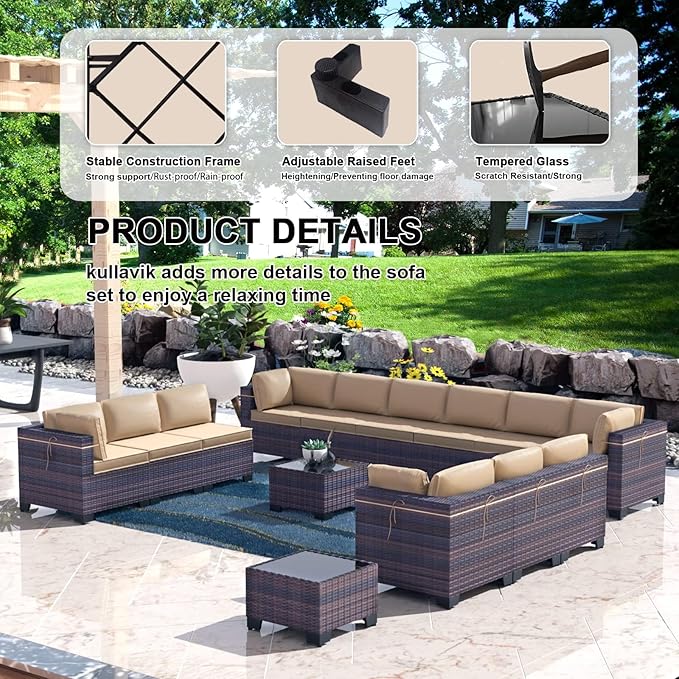 Kullavik 14 Pieces Outdoor Patio Furniture Set PE Wicker Rattan Sectional Sofa - Image 4
