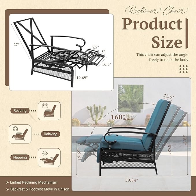Oakcloud Adjustable Outdoor Lounge Chair Metal Patio Relaxing Recliner Chair - Image 3
