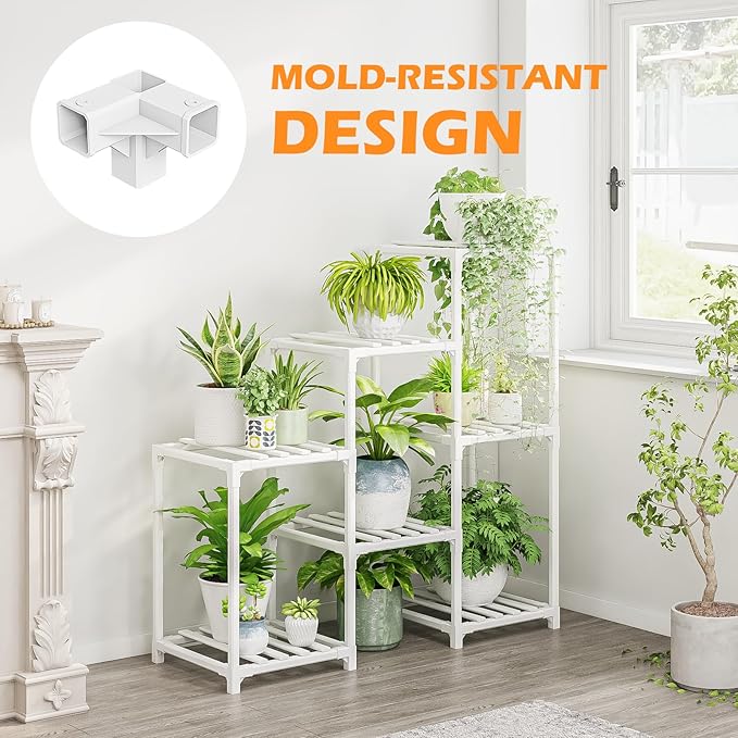 Bamworld Indoor Plant Stand Outdoor White Shelf Bamboo Plant Table - Image 4