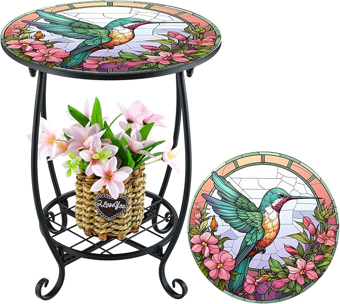 Outdoor Side Table Round Small Mosaic Patio Accent Indoor End Plant Metal by Cinnvoice