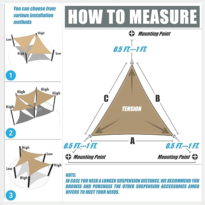 Amgo 20' x 20' x 20' Beige Triangle Sun Shade Sail UPF50+ Canopy Awning AGSLT - Image 3