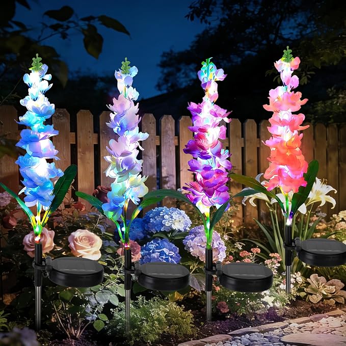 4 Pack Color Changing Solar Lights Outdoor Waterproof, Solar Delphinium Flower by echosari