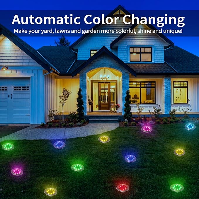 LYHOPE Solar Ground Light Outdoor, 16 Pack 8 LED Color Changing Solar Disk - Image 4