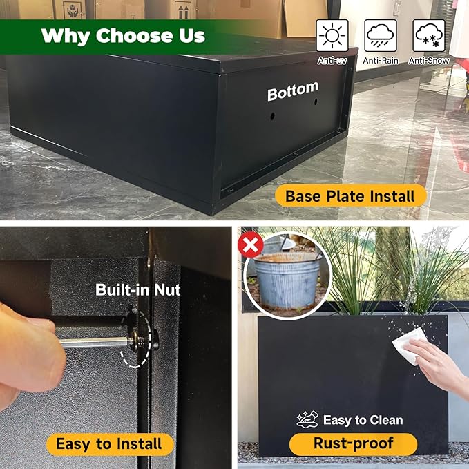 Black Steel Planter Box for Outdoor Plants 24" x 10" x 24" Metal Rectangular - Image 4