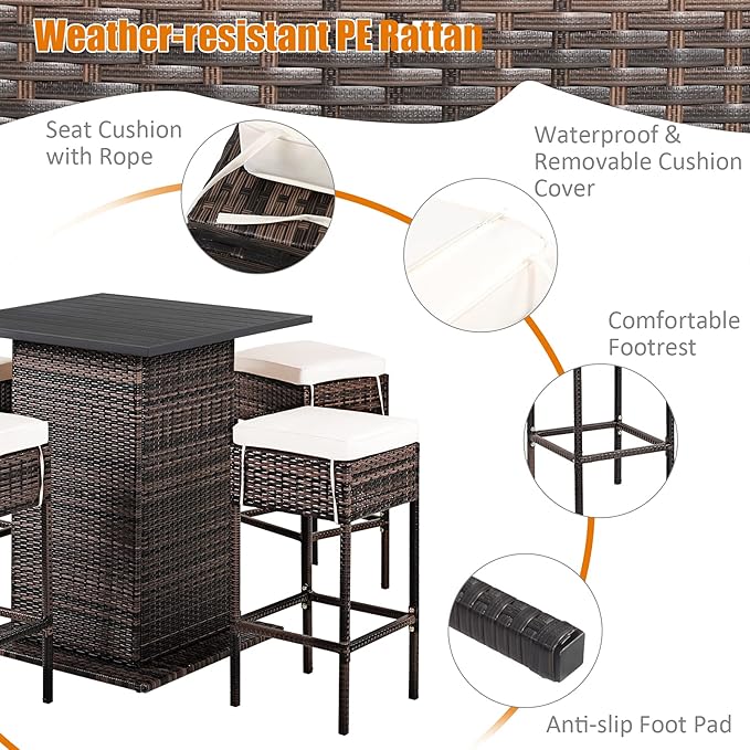 Tangkula 5 Piece Outdoor Rattan Bar Set, Patio Bar Furniture - Image 7