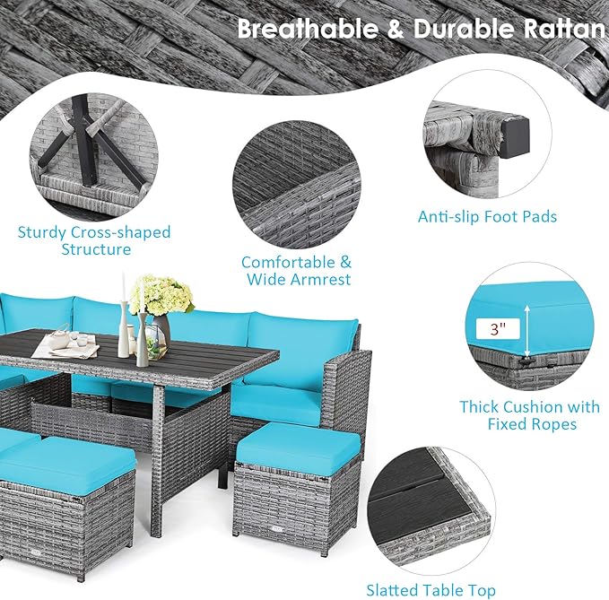 Tangkula 7 Pieces Patio Furniture Set, Outdoor Sectional Rattan Dining Sofa Set - Image 6