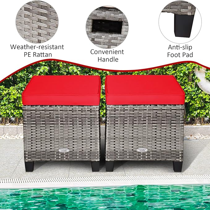 Tangkula 2 Pieces Patio Rattan Ottomans, Outdoor Wicker Footstool Footrest Seat - Image 7