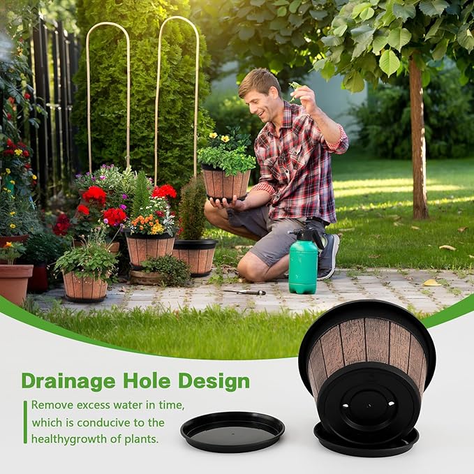 Quarut 4 Pack 8 inch Plant Pot, Upgrade Whiskey Barrel Planters - Image 5