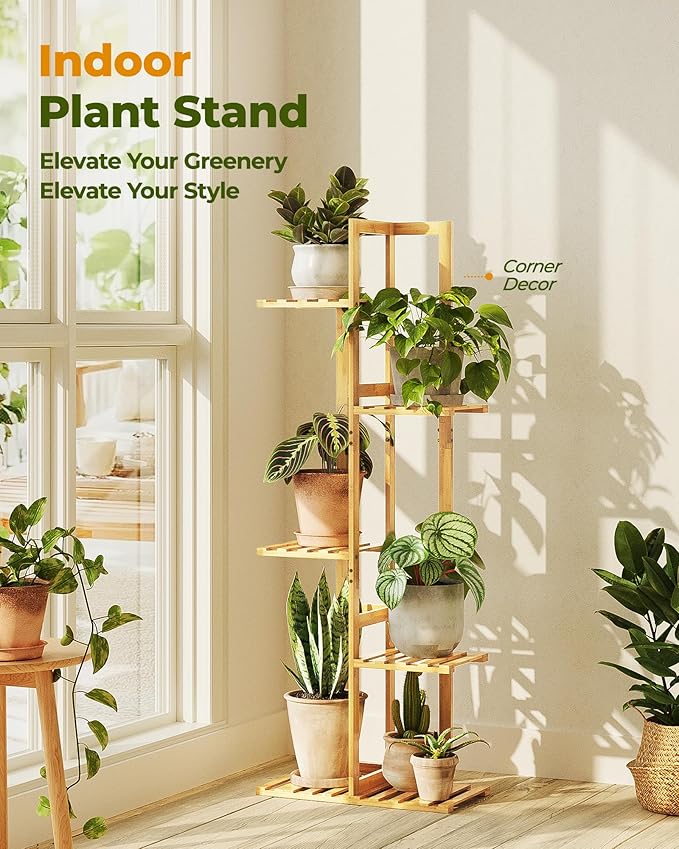 Bamworld Bamboo Plant Stand Indoor 5 Tiered Plant Shelf Outdoor Corner Plant - Image 2