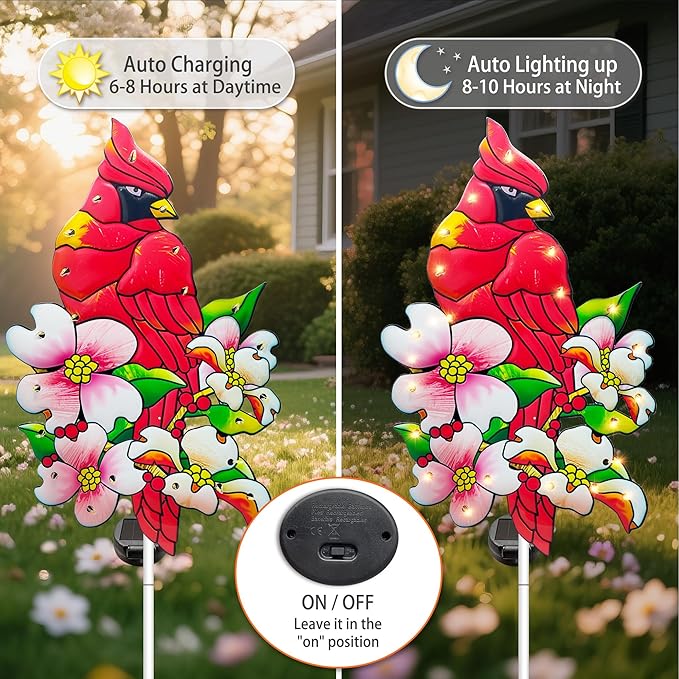 Hexagram Cardinal Garden Decor Yard Stakes, Lighted Metal Red Bird Garden - Image 4
