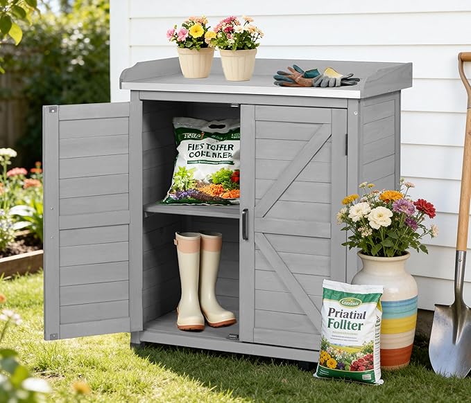Outdoor Potting Bench with Storage Cabinet and Metal Top, Wood Workstation - Image 2