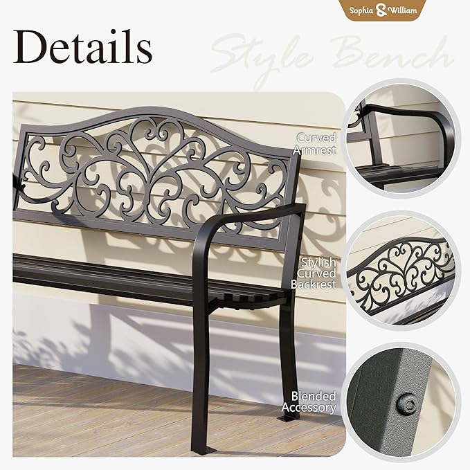 Sophia & William Outdoor Bench, Metal Garden Bench, Cast Iron Park Benches - Image 7