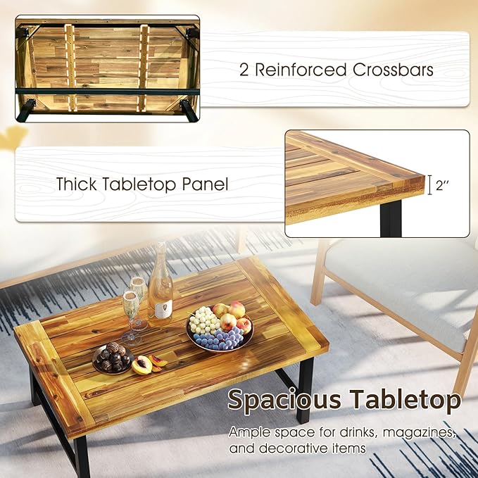 Tangkula Outdoor Acacia Wood Coffee Table, Rectangle Rustic Accent Table - Image 6