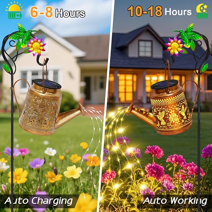 2 Packs Solar Watering Can Lights Hummingbird Garden Decor, Hanging Lanterns - Image 8