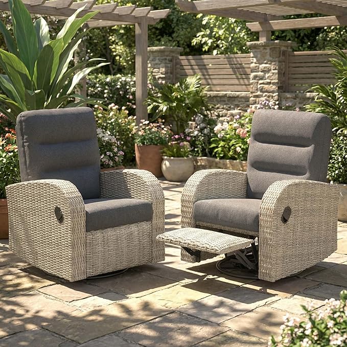 Outdoor Swivel Recliner Chair Set of 2, All-Weather Wicker Reclining Patio Chair by Vakollia