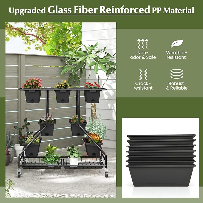 Giantex Rolling Raised Garden Bed w/ 7 Planter Boxes, Storage Baskets, Drainage - Image 8