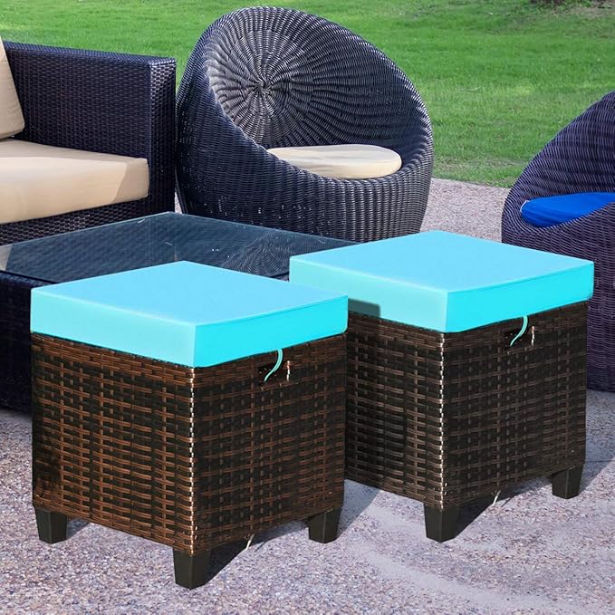 Tangkula 2 Pieces Outdoor Patio Ottoman, All Weather Rattan Wicker Ottoman Seat - Image 5
