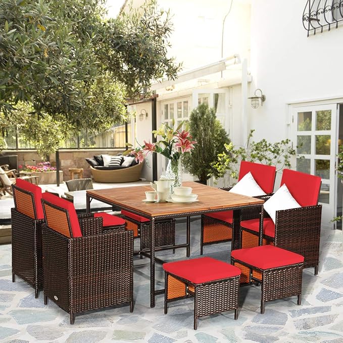 Tangkula 9 Pieces Acacia Wood Patio Dining Set, Space Saving Wicker Chairs and - Image 2