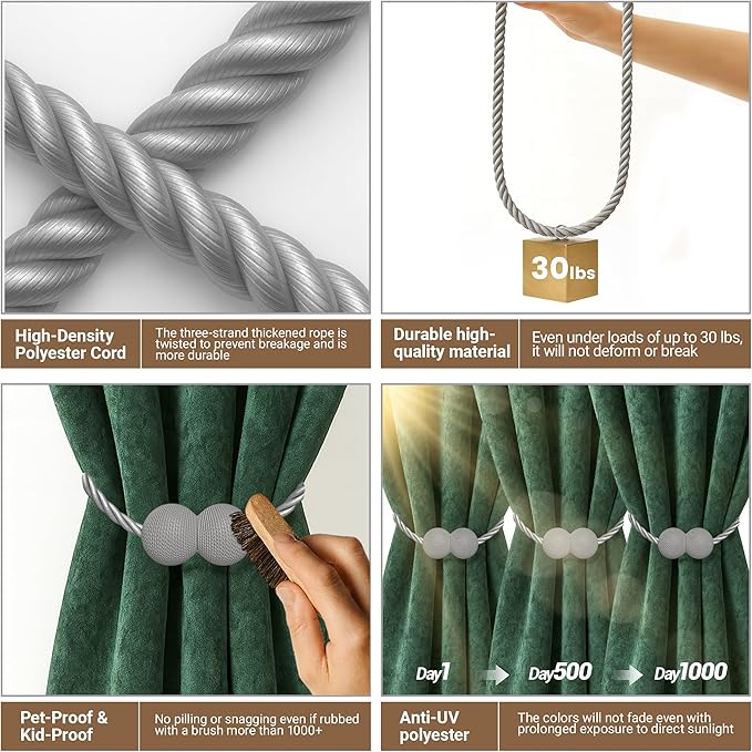 Hion Magnetic Curtain Tiebacks Grey 2pcs, Curtain Tiebacks Buckles Holdbacks - Image 3