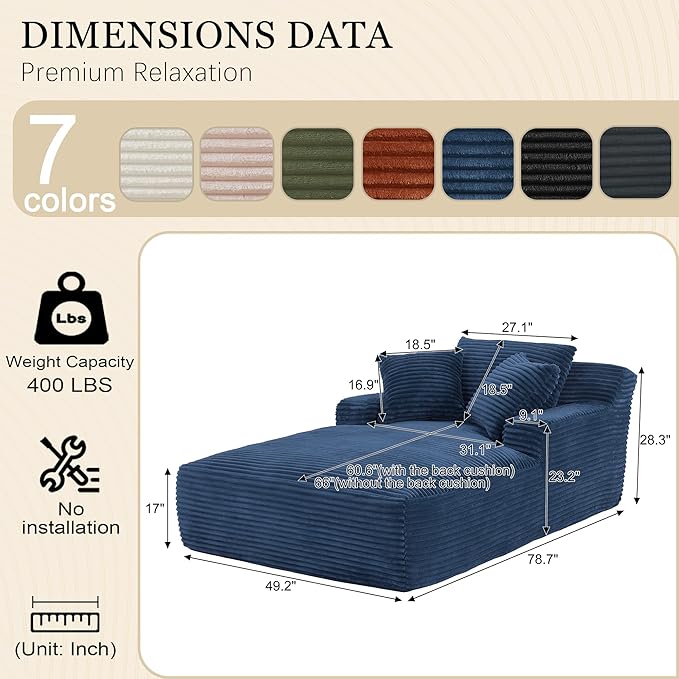 80 Inch Chaise Lounge Chair Indoor, Oversized Corduroy Upholstered Boneless - Image 2