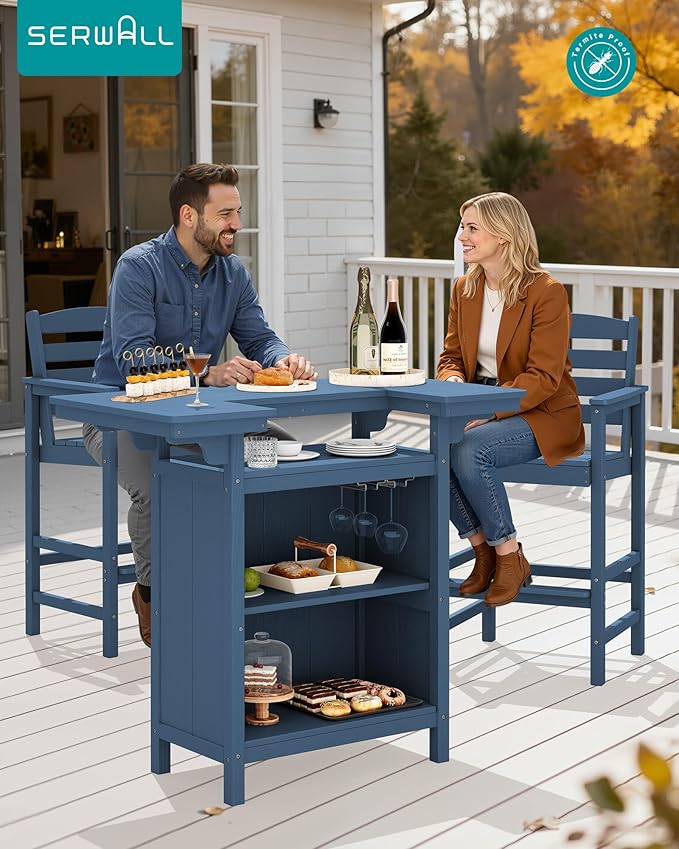 SERWALL Outdoor Bar Table Set – HDPE Blue Patio Bar Cabinet - Image 2