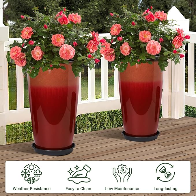 Set of 2 Lightweight Ceramic-Look Tall Planter, 21 inch Large Plastic Planter - Image 2