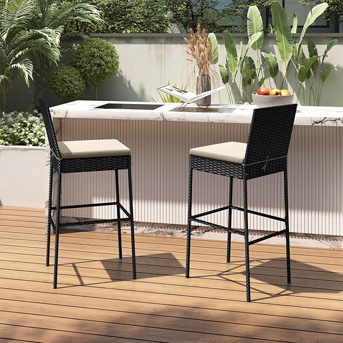 HAPPYGRILL Wicker Patio Barstools Set of 4, Outdoor Rattan Bar Chairs - Image 5