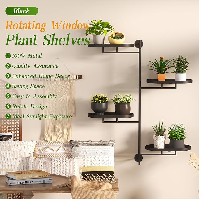 Window Rotating Plant Stand Shelf Indoor Black Metal Floating Shelves 4-Tier - Image 3