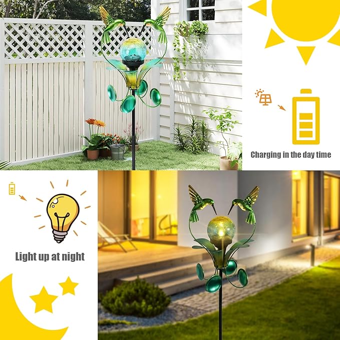 Solar Lights Outdoor Metal Garden Stake Waterproof Crackle Glass Globe Garden - Image 6