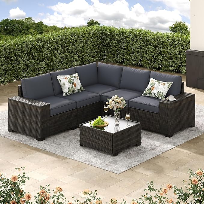 Jing's Villa 6-Piece Patio Furniture Set, All-Weather Outdoor Wicker Sectional by JingsVillaOutdoorFurniture