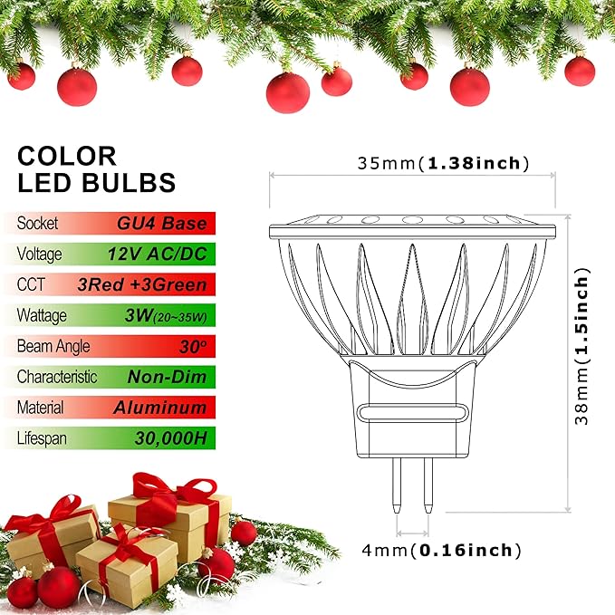 ALIDE Red Green MR11 GU4 Led Bulbs, Replace 10W 20W 35W Halogen, 12V 3W Red - Image 3