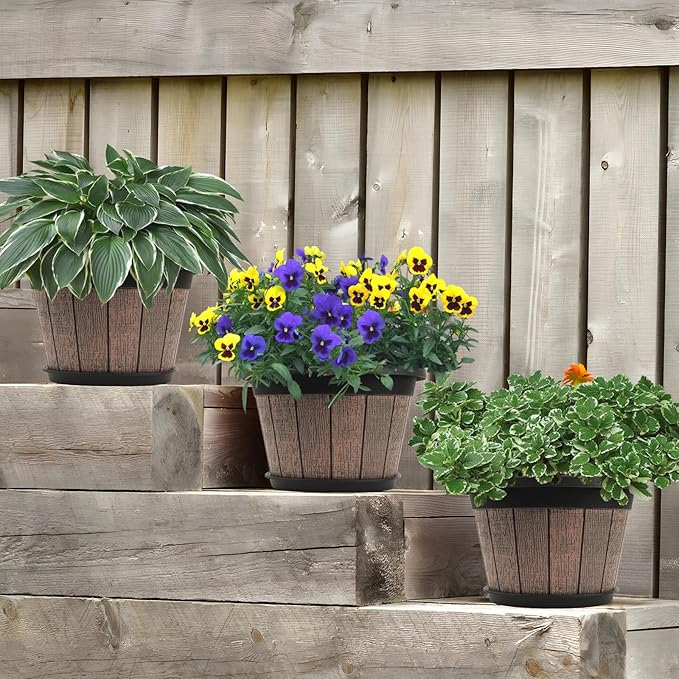 Quarut 4 Pack 8 inch Plant Pot, Upgrade Whiskey Barrel Planters - Image 7