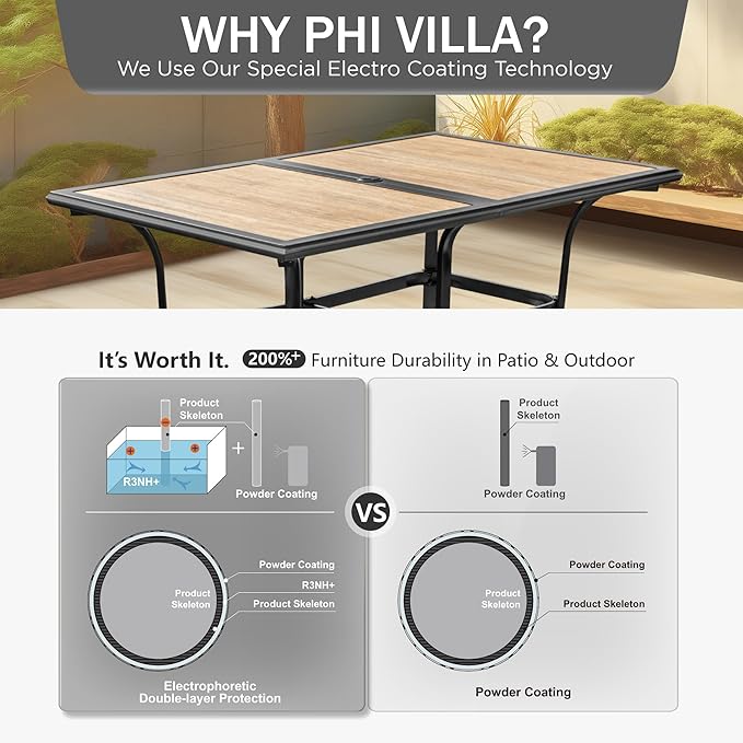 PHI VILLA Outdoor Dining Table for 6, Modern Long Furniture for Patio - Image 7