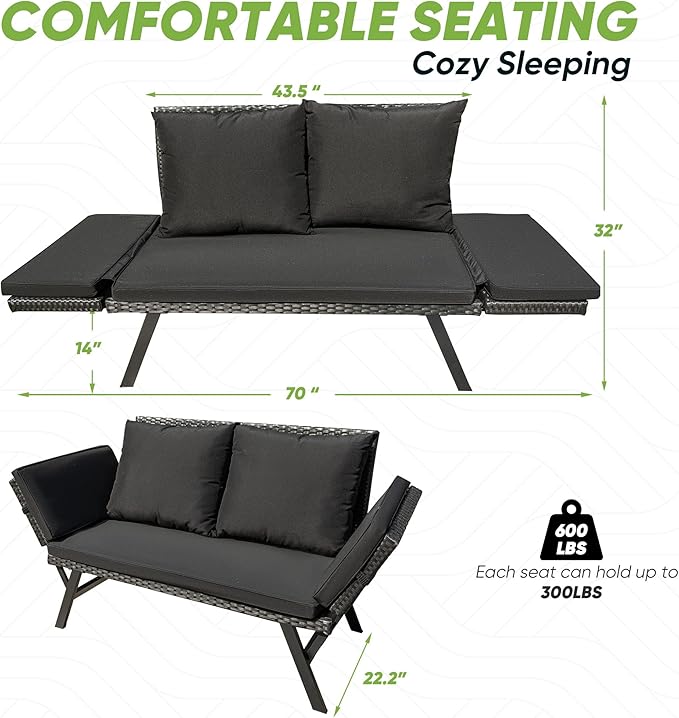 Greesum Outdoor Sofa, Woven Rattan Patio Furniture, Convertible Daybed or - Image 3