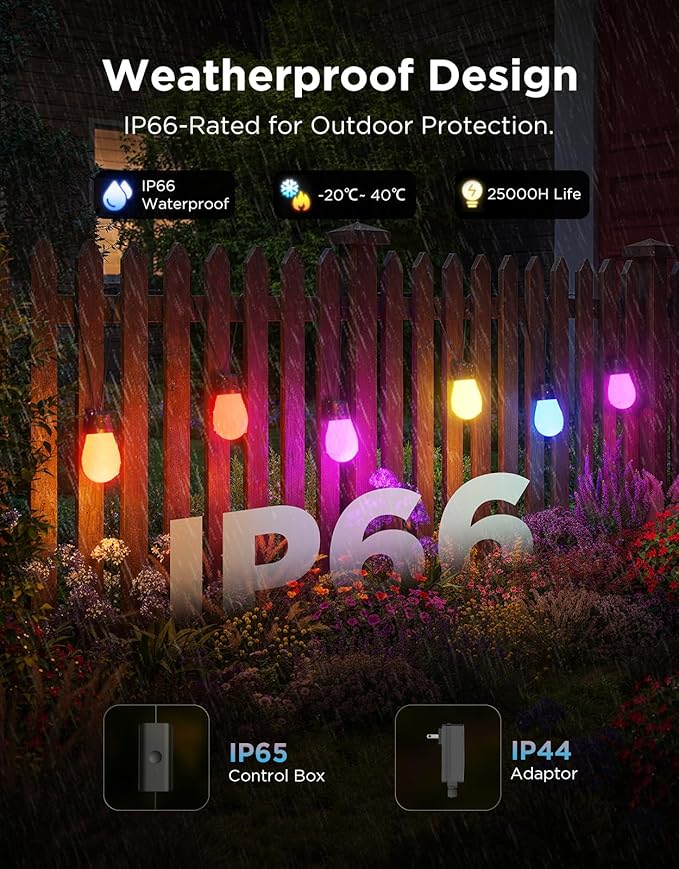Govee S14 Bulb Outdoor String Lights 2, 48ft Smart RGBIC Warm White Patio Lights - Image 3