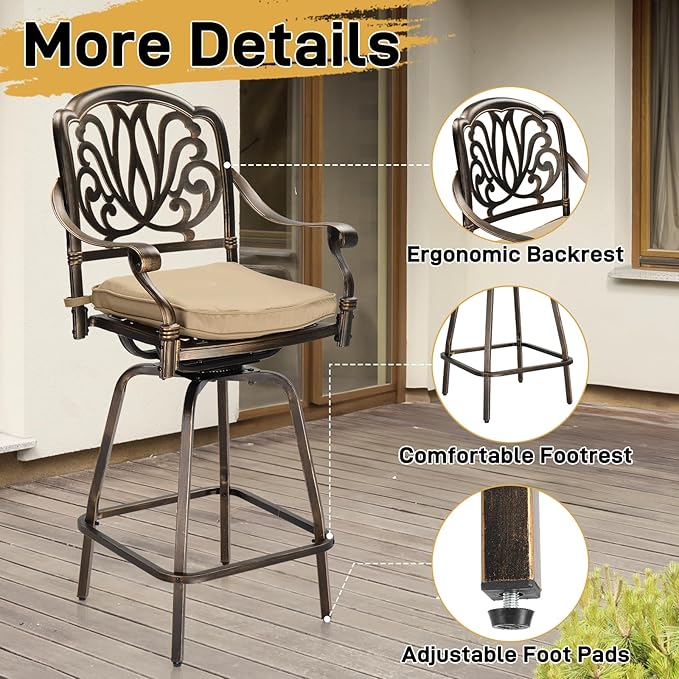 VINGLI Outdoor Swivel Bar Stools Set of 2, Cast Aluminum Patio Bar Height Chairs - Image 4