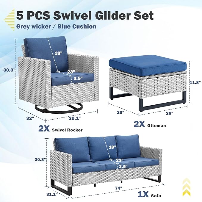 Belord Wicker Patio Furniture 5 Piece Outdoor Sofa Set, Oversize Outdoor Swivel - Image 2