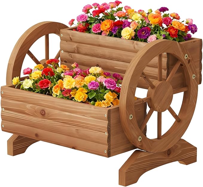 Wooden Wagon Planter Outdoor Flower Cart by Dawnyard
