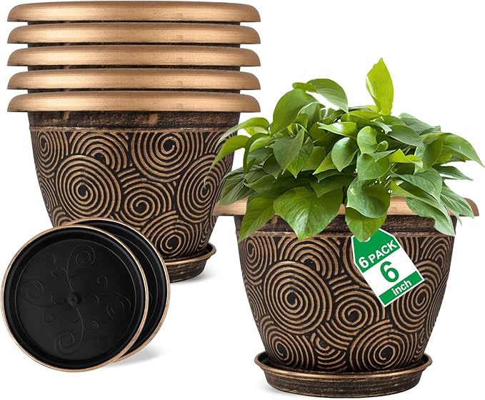 6 Inch Flower Pots Planters for Indoor Outdoor Plants, 6 Pack Plastic Small by Fodetyff
