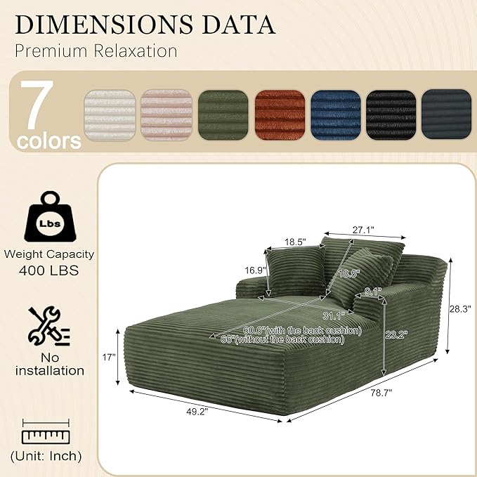 80 Inch Chaise Lounge Chair Indoor, Oversized Corduroy Upholstered Boneless - Image 2