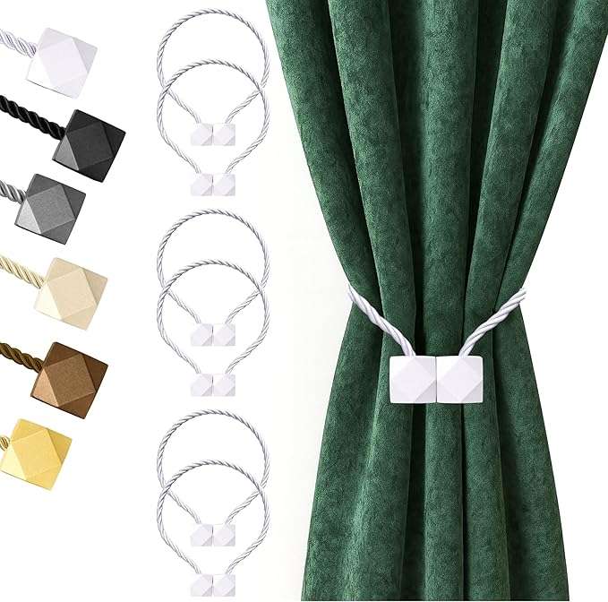 Hion Magnetic Curtain Tiebacks White 6 Pack, Curtain Tiebacks Buckles Holdbacks by Hion