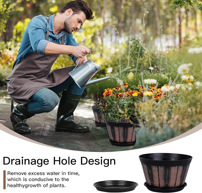 Quarut 8 inch Brown Plastic Whiskey Barrel Plant Pots Set of 4 - Image 4