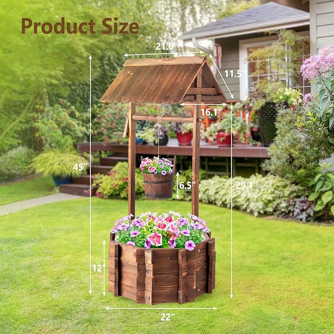 VINGLI Wooden Wishing Well Outdoor Planters, Well Covers - Image 2