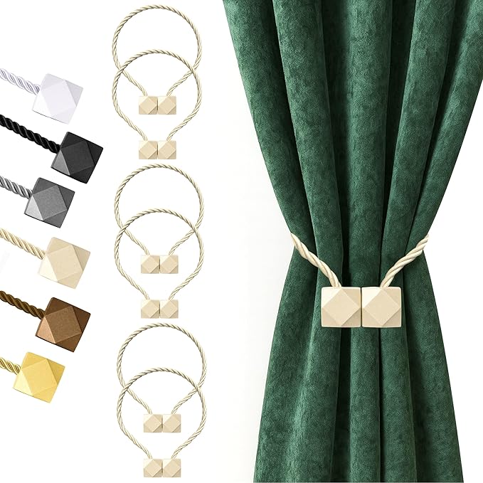 Hion Magnetic Curtain Tiebacks Beige 6 Pack, Curtain Tiebacks Buckles Holdbacks by Hion