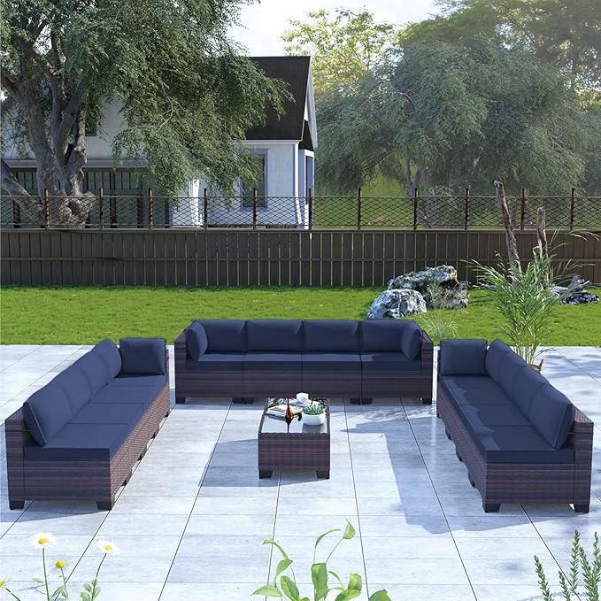Kullavik 14 Pieces Outdoor Patio Furniture Set PE Wicker Rattan Sectional Sofa - Image 6