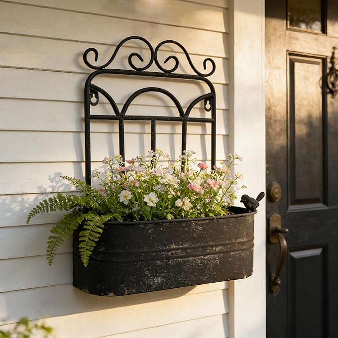 Rustic Metal Wall Planter Vintage Wall Mounted Flower Pot Distressed Wall - Image 3